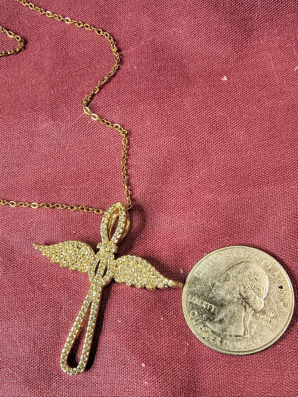 18K Gold Over Stainless Steel Angel Wing Cross Necklace CZ Christian Faith 18+2